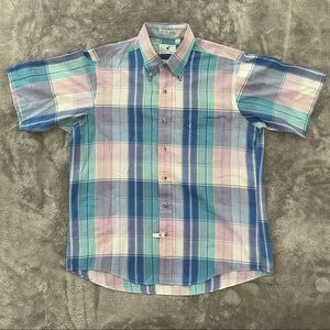 Vintage Flying Scotsman Plaid Button Down Shirt Size Large Pastel Easter Blue